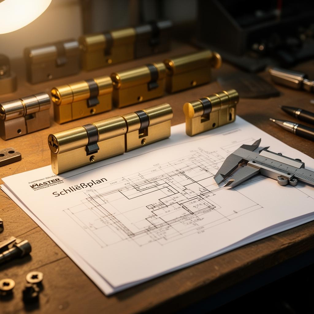 Schließanlage planen — Schließplan und Schlüssel auf Architektenzeichnung