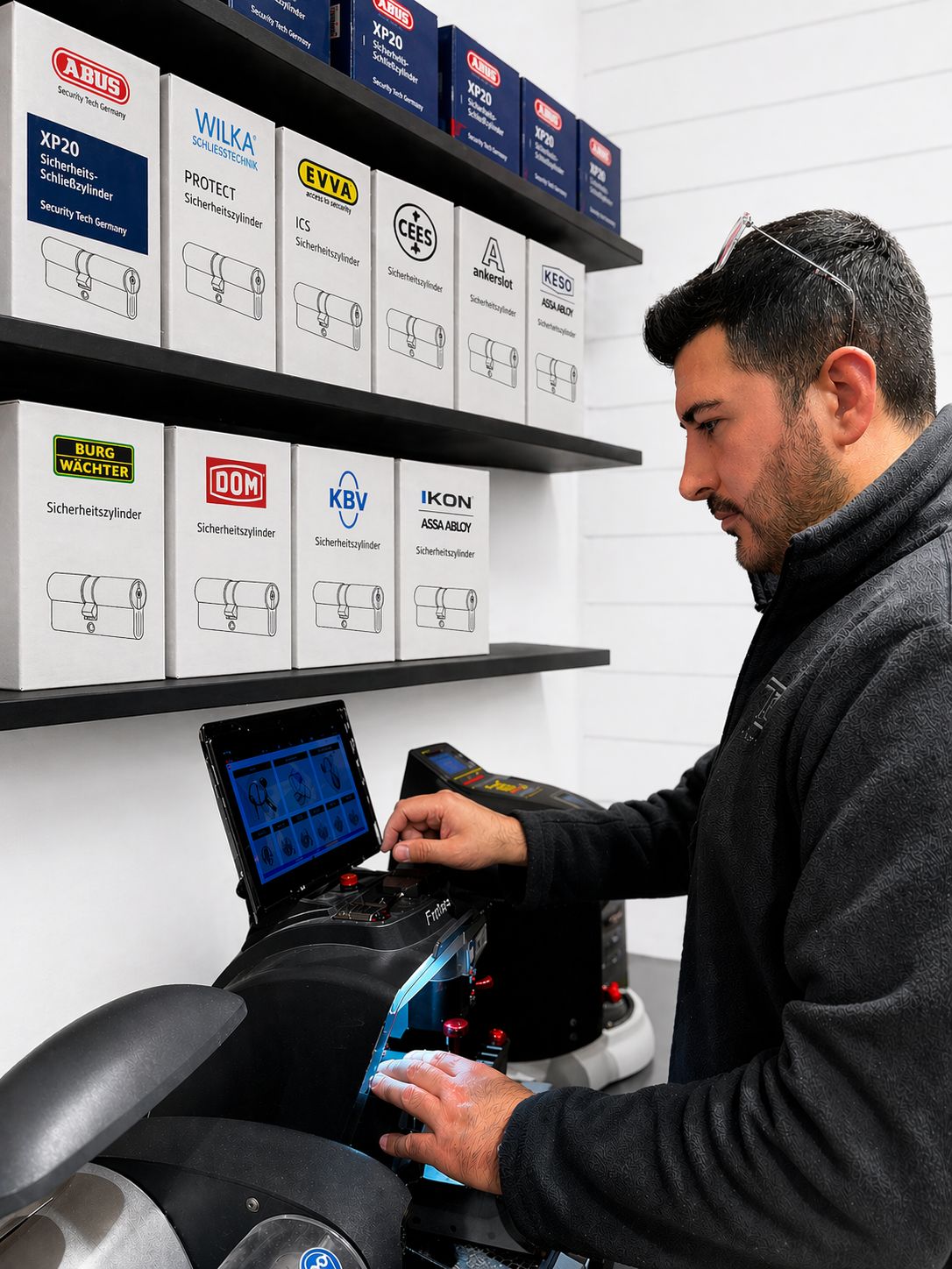 Tolga Damlioglu in seiner Werkstatt an der Schlüsselfräse